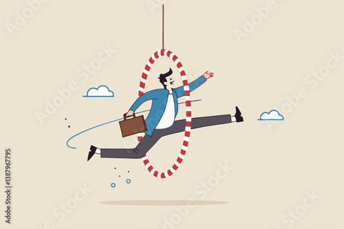 Capability or employee competence, skill and performance to achieve success, challenge or motivation to overcome obstacle, winning concept, capable skillful businessman winner jump through the hoop.