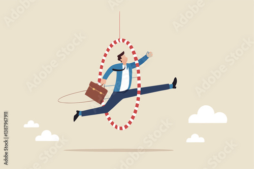 Capability or employee competence, skill and performance to achieve success, challenge or motivation to overcome obstacle, winning concept, capable skillful businessman winner jump through the hoop.