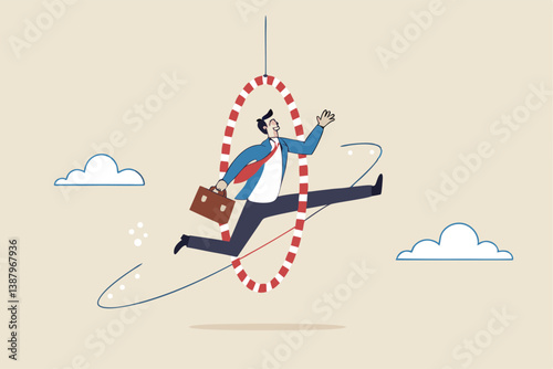 Capability or employee competence, skill and performance to achieve success, challenge or motivation to overcome obstacle, winning concept, capable skillful businessman winner jump through the hoop.