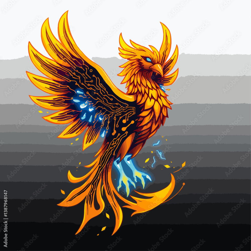 Obraz premium flaming phoenix with blue fire, mythical vector art, legendary mascot design