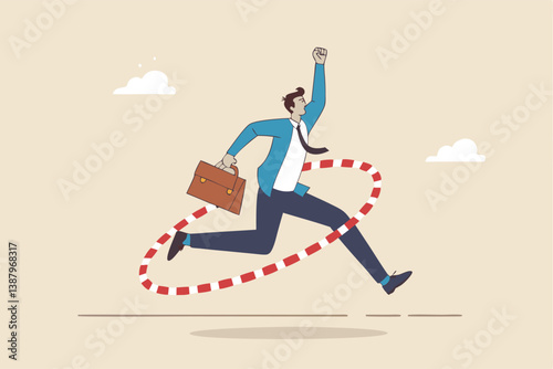 Capability or employee competence, skill and performance to achieve success, challenge or motivation to overcome obstacle, winning concept, capable skillful businessman winner jump through the hoop.