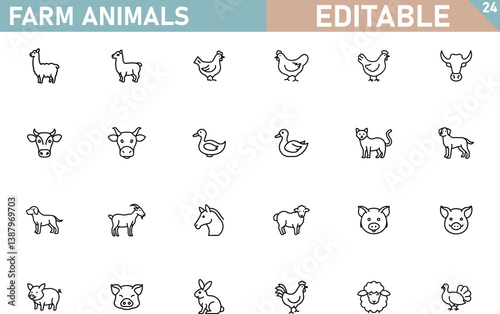 Editable Farm Animal Icons Llamas, Chickens, Cows, Goats, Pigs