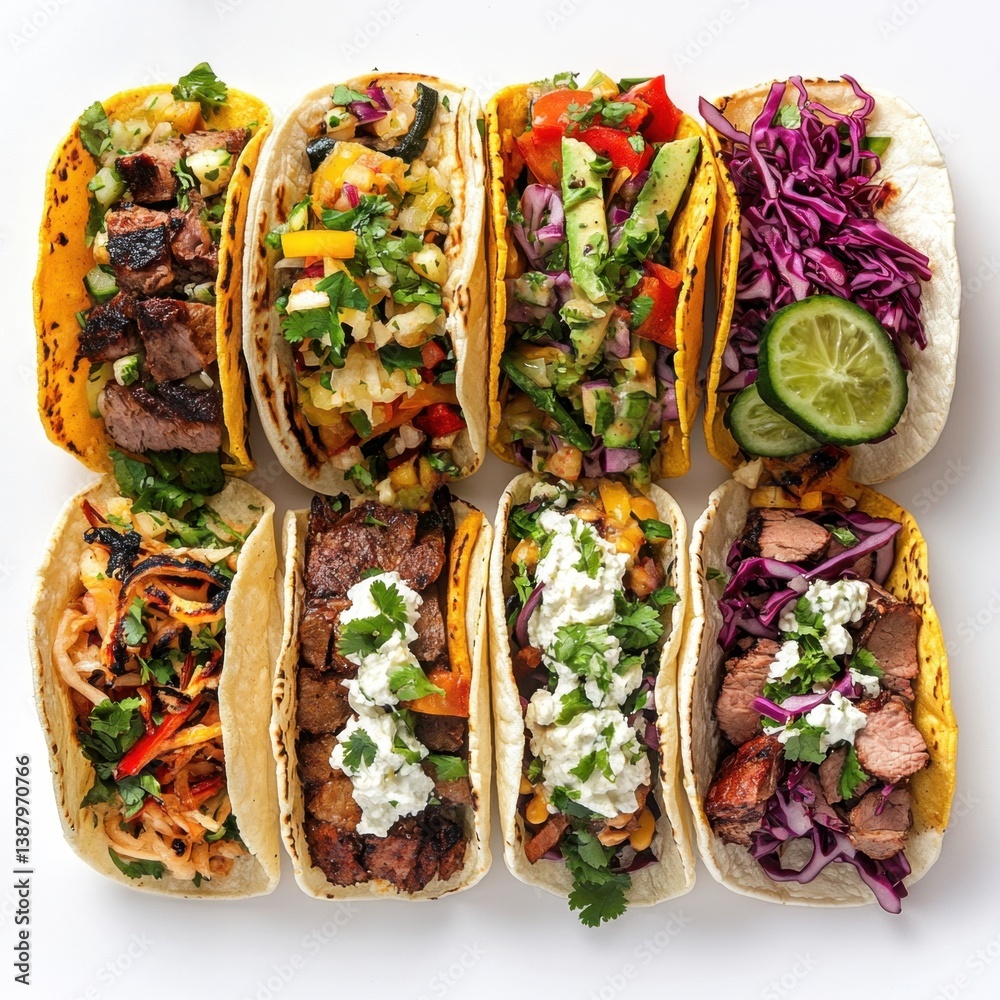 Tacos variados con ingredientes frescos y salsas