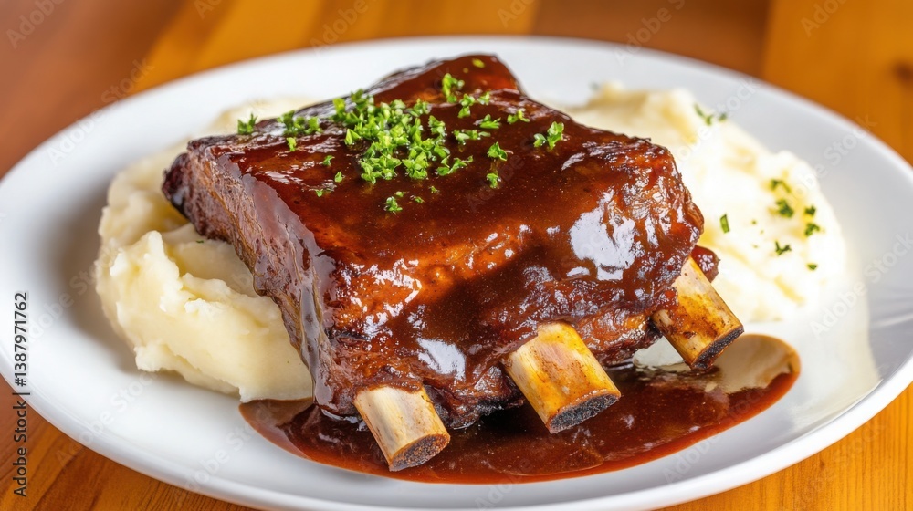 A luxurious plate of slow-cooked short ribs, tender and falling off the bone, glazed with a rich red wine sauce, served with creamy mashed potatoes A luxurious plate of slow-cooked short ribs, tender and falling off the bone, glazed with a rich red wine sauce, served with creamy mashed potatoes