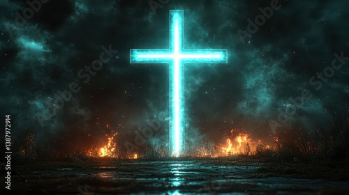 This image features a glowing cross against a dark sky filled with smoke and fire. It symbolizes hope and faith, creating a dramatic and spiritual atmosphere.