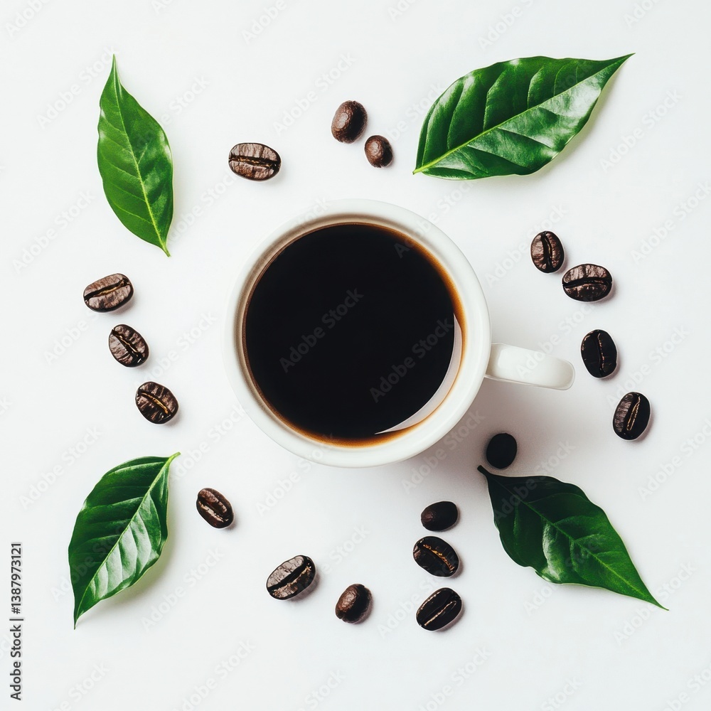 Taza de café con granos y hojas verdes