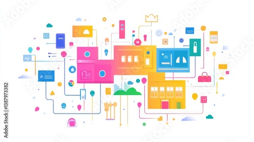 Colorful interconnected building system with abstract elements