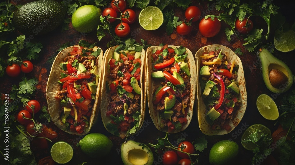 Tacos mexicanos en un platillo con vegetales frescos