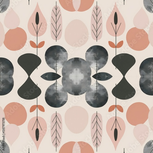 Seamless Minimal Geometric Pattern with Soft Pastel Shapes and Symmetrical Scandinavian Design

