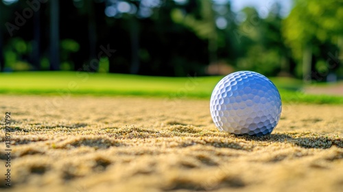 Close up of a textured white golf ball in soft yellow sand with blurred green grass and trees in the background on a sunny golf course setting.