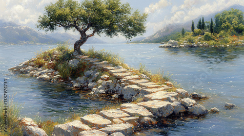 This tranquil image features a serene coastal pathway lined with stones, leading to a solitary tree surrounded by calm water. Perfect for evoking peace and nature's beauty.