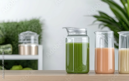 Refreshing Green Smoothie, Peachy Delight, Creamy Beige Beverage Await Your Tastebuds. Healthy Hydration Starts Here photo