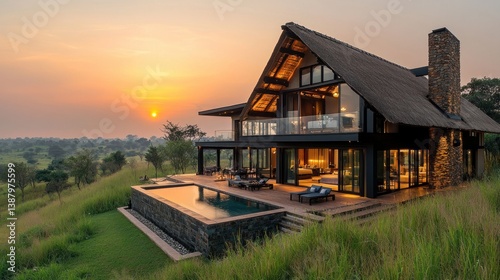 Modern luxury home on a hillside at sunset