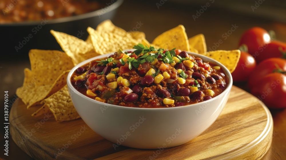 Plato de chili con frijoles y totopos