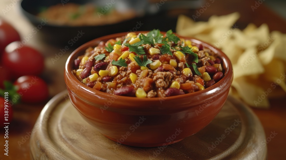 Plato de chili con carne y maíz en bol
