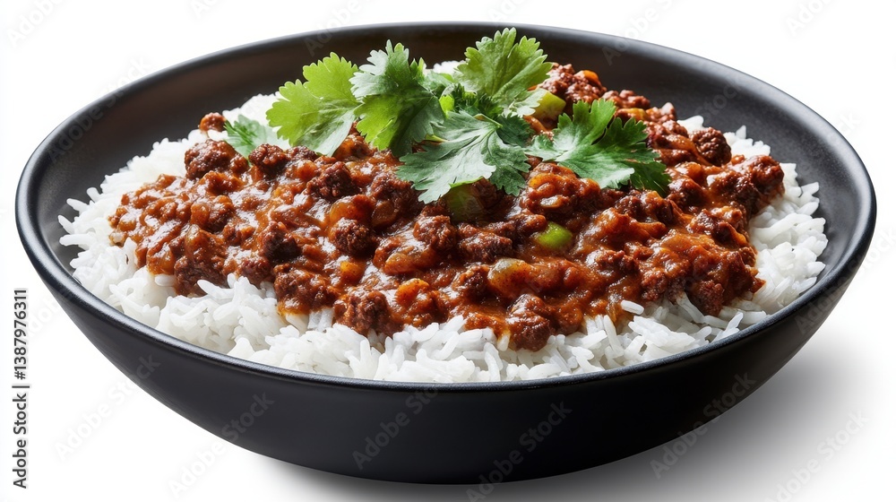 Plato de arroz con carne guisada y cilantro