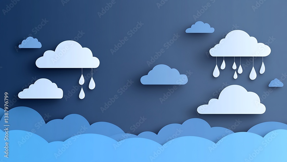 Fototapeta premium A paper-cut illustration depicting dark grey clouds with raindrops falling against a blue background