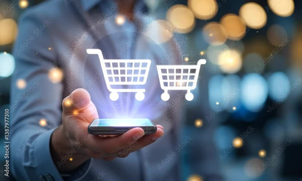A businessman holds a mobile phone with a glowing shopping cart icon. 4k video