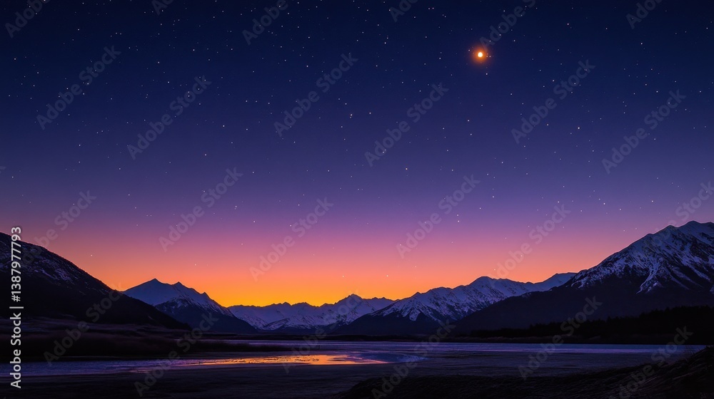 Paisaje nocturno montañas lago cielo estrellado
