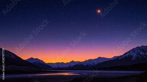 Obraz na płótnie Paisaje nocturno montañas lago cielo estrellado w salonie