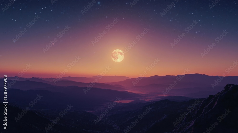 Paisaje montañoso al atardecer con luna llena