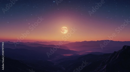 Obraz na płótnie Paisaje montañoso al atardecer con luna llena w salonie