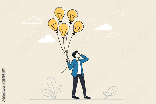 Innovation idea, creativity, solution or smart thinking, inspiration, imagination or wisdom to develop business plan, advice or invention concept, smart businessman holding lightbulb idea balloons.
