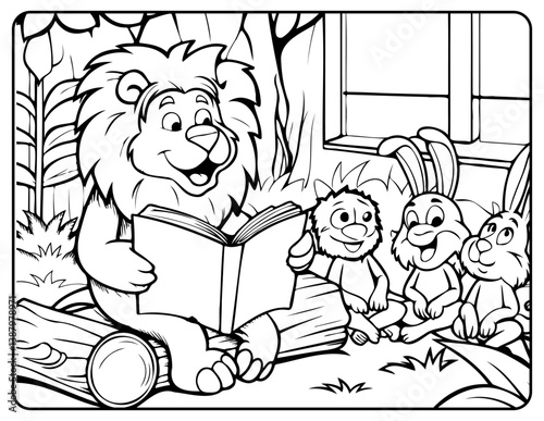 kids coloring book A lion reading a book to a group of animal friends