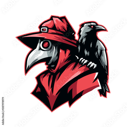 Esports vector logo featuring a plague doctor and a raven with dynamic design elements and strong visual presence