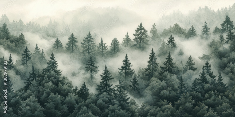 Paisaje de bosque con neblina