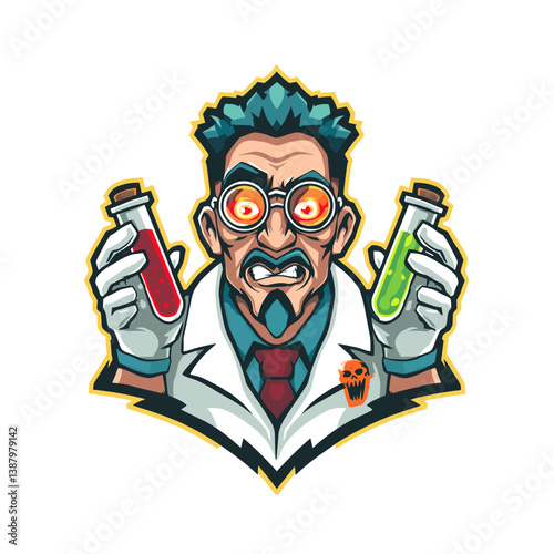 Mad scientist esports logo featuring colorful potions for gaming branding and team insignias