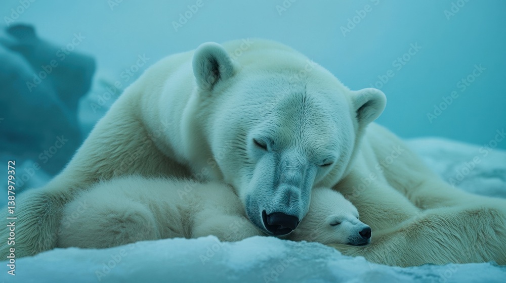 Osos polares madre e hijo descansando en el hielo