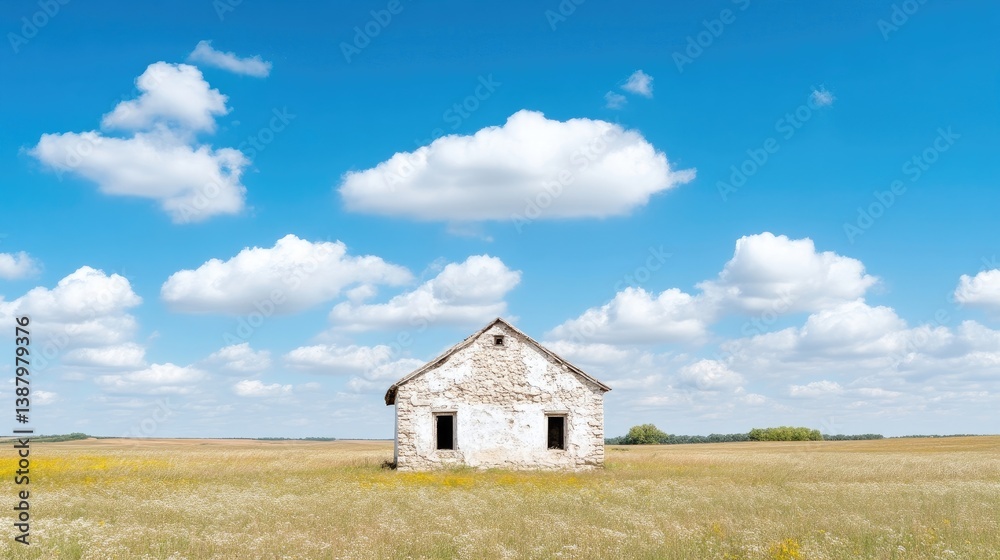 Lonely farmhouse in a vast field under a clear sky Lonely farmhouse in a vast field under a clear sky