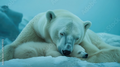 Obraz na płótnie Osos polares madre e hijo descansando en el hielo w salonie