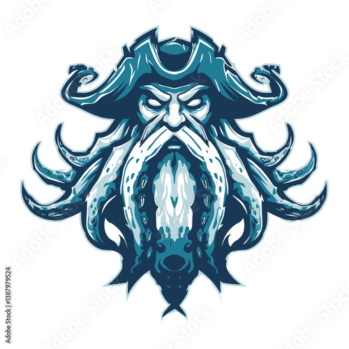 Cursed mariner ghostly vector logo for esports featuring a spectral pirate and tentacles