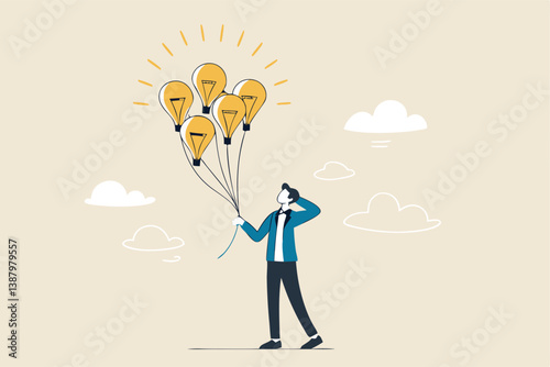 Innovation idea, creativity, solution or smart thinking, inspiration, imagination or wisdom to develop business plan, advice or invention concept, smart businessman holding lightbulb idea balloons.