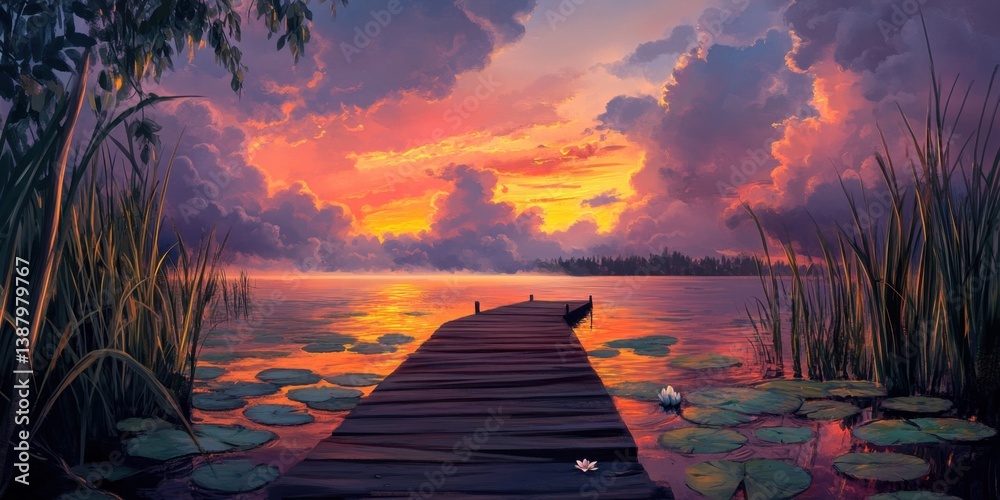 Muelle en un lago al atardecer