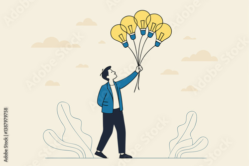 Innovation idea, creativity, solution or smart thinking, inspiration, imagination or wisdom to develop business plan, advice or invention concept, smart businessman holding lightbulb idea balloons.