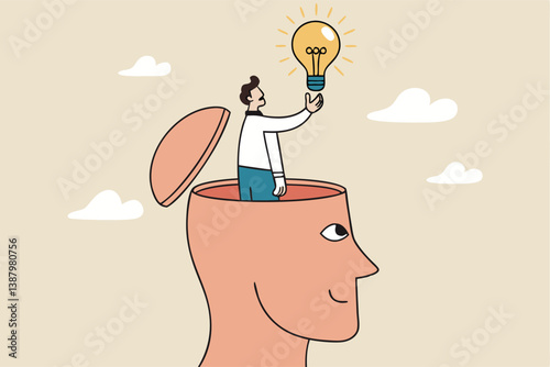 Eureka moment discover new idea or solution to solve problem, business insight, inspiration or creativity innovation, Aha moment concept, man with eureka moment discover lightbulb idea in his head.