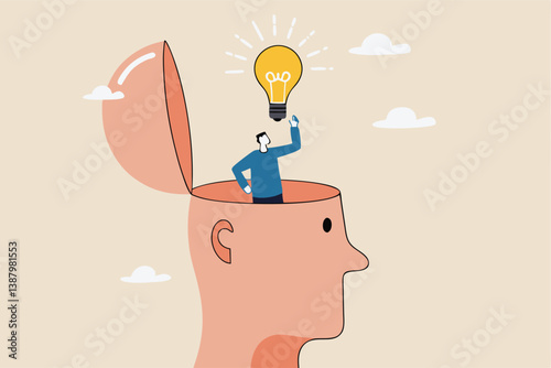 Eureka moment discover new idea or solution to solve problem, business insight, inspiration or creativity innovation, Aha moment concept, man with eureka moment discover lightbulb idea in his head.