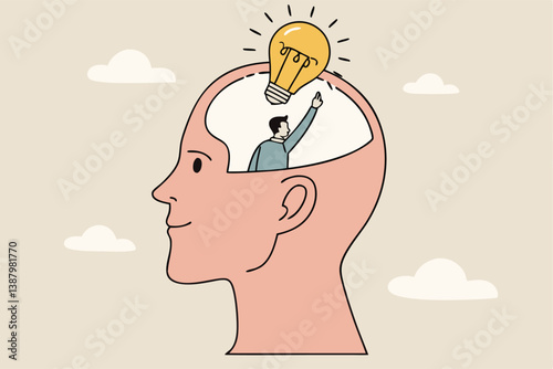 Eureka moment discover new idea or solution to solve problem, business insight, inspiration or creativity innovation, Aha moment concept, man with eureka moment discover lightbulb idea in his head.