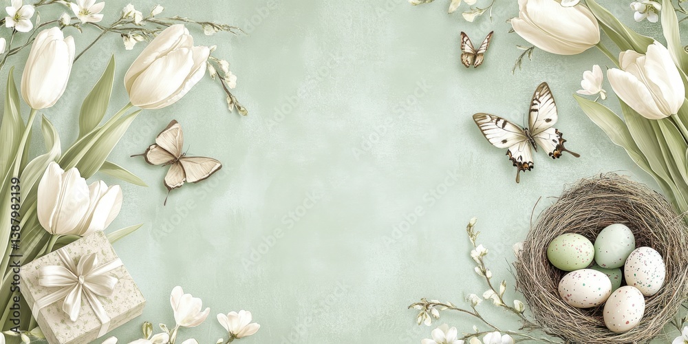 Imagen de primavera con tulipanes y decoración de pascua