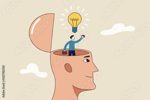 Eureka moment discover new idea or solution to solve problem, business insight, inspiration or creativity innovation, Aha moment concept, man with eureka moment discover lightbulb idea in his head.