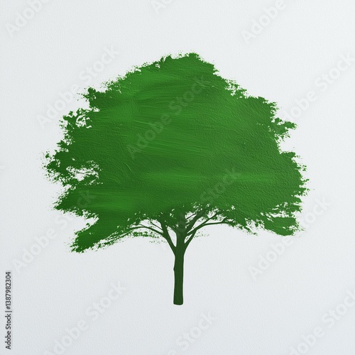 Green Tree Illustration Painted with Textured Brush Strokes on White Canvas Background
