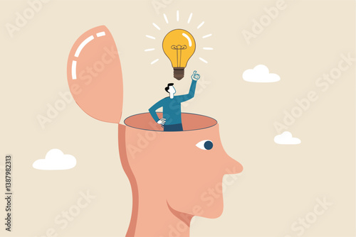 Eureka moment discover new idea or solution to solve problem, business insight, inspiration or creativity innovation, Aha moment concept, man with eureka moment discover lightbulb idea in his head.