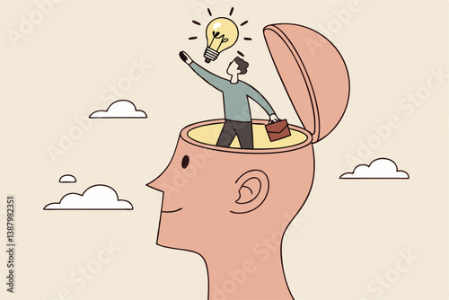 Eureka moment discover new idea or solution to solve problem, business insight, inspiration or creativity innovation, Aha moment concept, man with eureka moment discover lightbulb idea in his head.