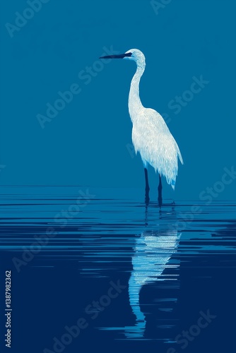 Minimalist Blue and White Illustration of a Heron Reflected on Calm Water Surface