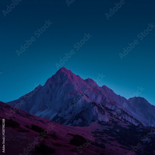 Rocky Mountain Ridge Bathed in Purple Light at Dusk with Clear Blue Sky