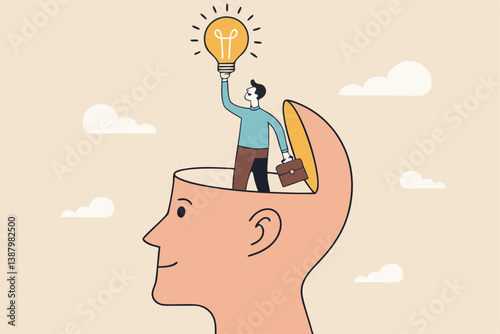 Eureka moment discover new idea or solution to solve problem, business insight, inspiration or creativity innovation, Aha moment concept, man with eureka moment discover lightbulb idea in his head.