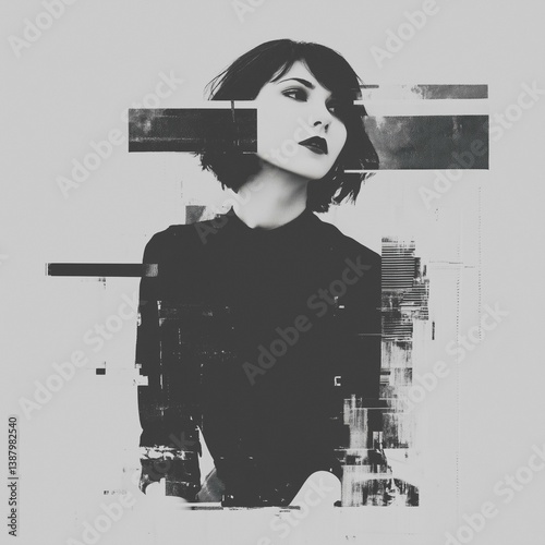Stylized Monochrome Female Portrait with Distorted Digital Bars and Clean Background